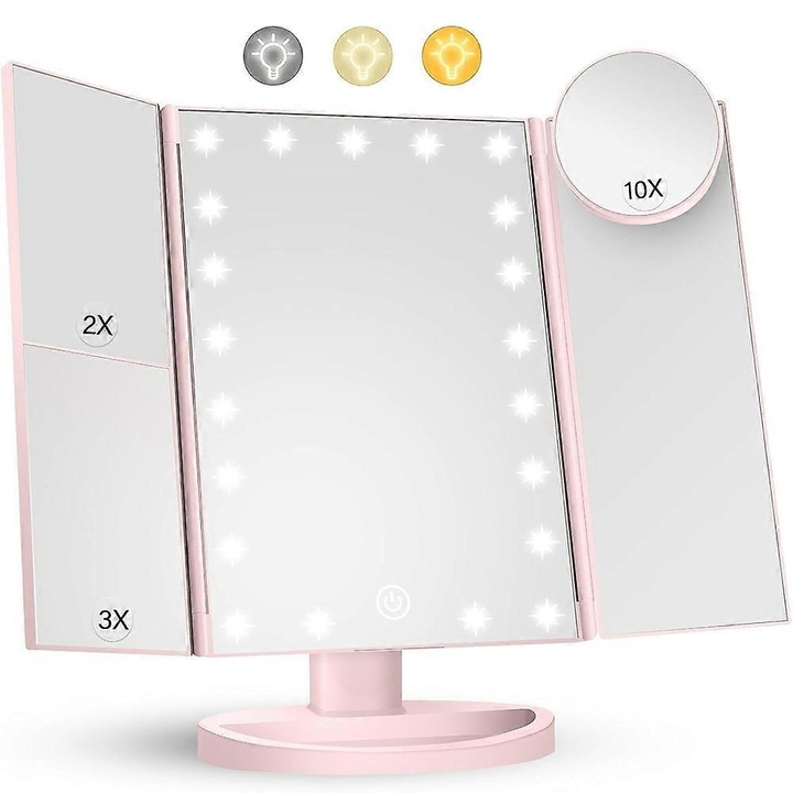 Oglinda cosmetica pliabila, 3 fete, lumina LED reglabila, roz, 18x27x8cm
