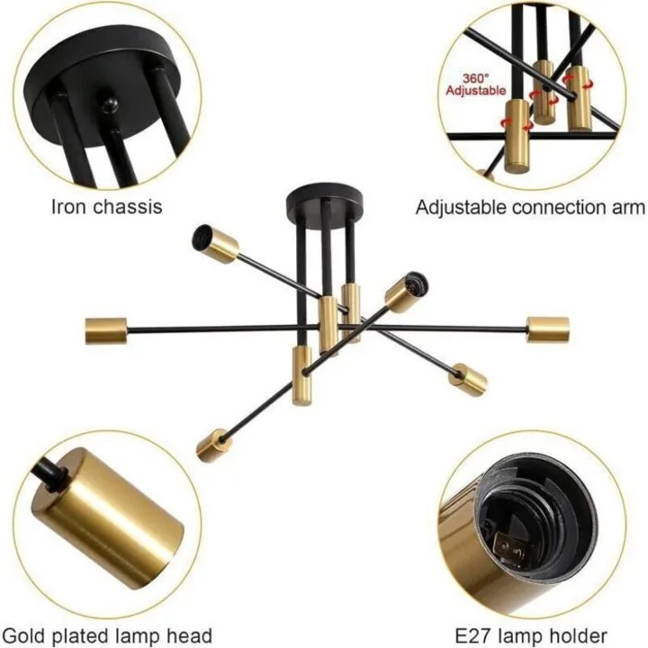 Lustra industriala, 6 becuri, metal, vintage, negru, dimensiuni standard