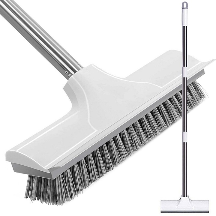 Perie 2 in 1 pentru curatarea podelelor cu racleta pentru apa, coada reglabila, peri rigizi, pentru gresie, faianta, baie, bucatarie si terasa