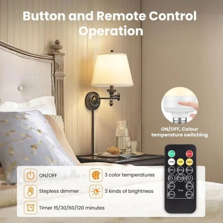 Bec LED E27 USB reincarcabil, telecomanda, temporizator, 3 temperaturi culoare, 5W reglabil
