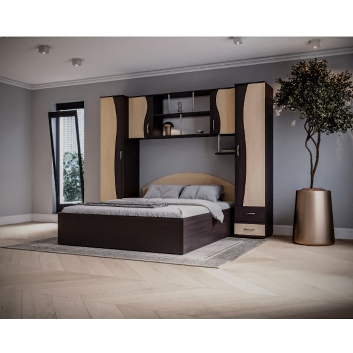 Set Dormitor Tineret, 227x51/205x200cm, Wenge/Mesteacan
