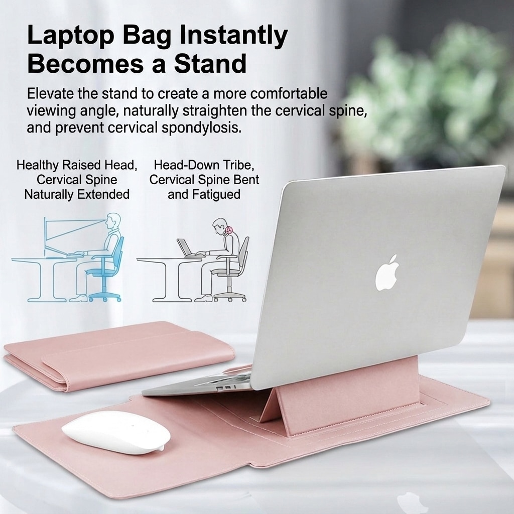 Husa laptop multifunctionala 3-in-1, piele ecologica, roz, 33.5x25.3cm