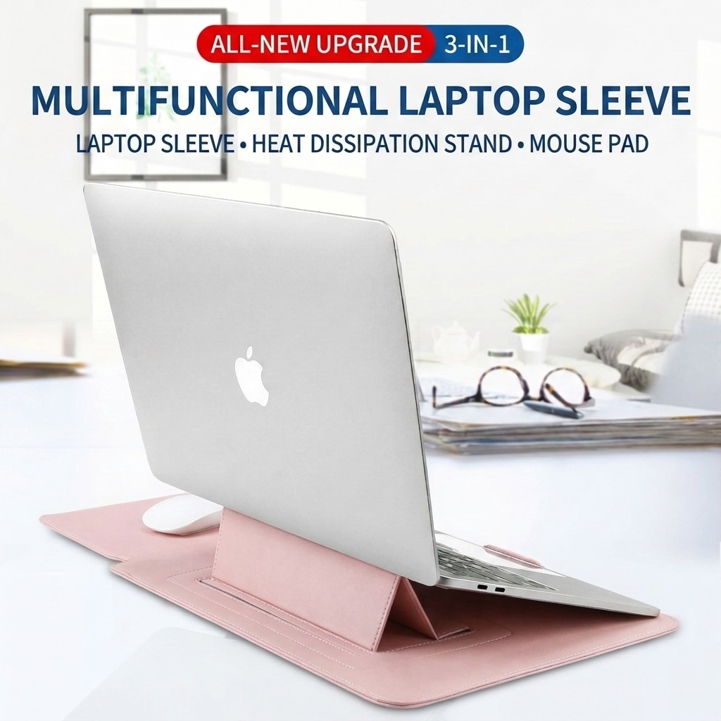 Husa laptop multifunctionala 3-in-1, piele ecologica, roz, 33.5x25.3cm