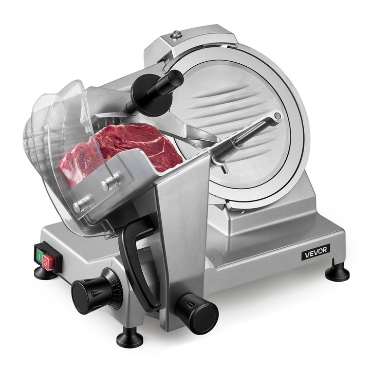 VEVOR elektromos hússzeletelő 240W szénacél penge 250mm állítható vastagság 0-12mm 50x40x36cm