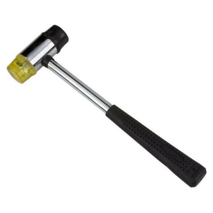 Ciocan de cauciuc MA-K0446-260807-2975 dublu capat, capete cauciuc/nylon interschimbabile, maner cauciuc antiderapant, 27 mm, negru/galben