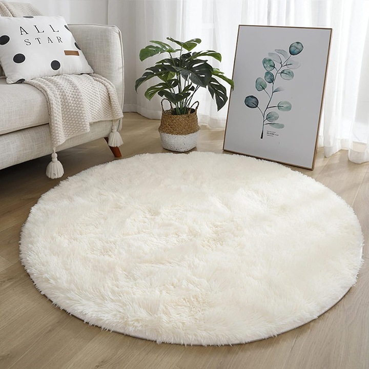 Covor rotund alb moale 4x4 pentru dormitor, covor circular pufos modern pentru camera copiilor si fetelor, covor circular de plus pentru camera copiilor, covor dragut si confortabil pentru camera de zi