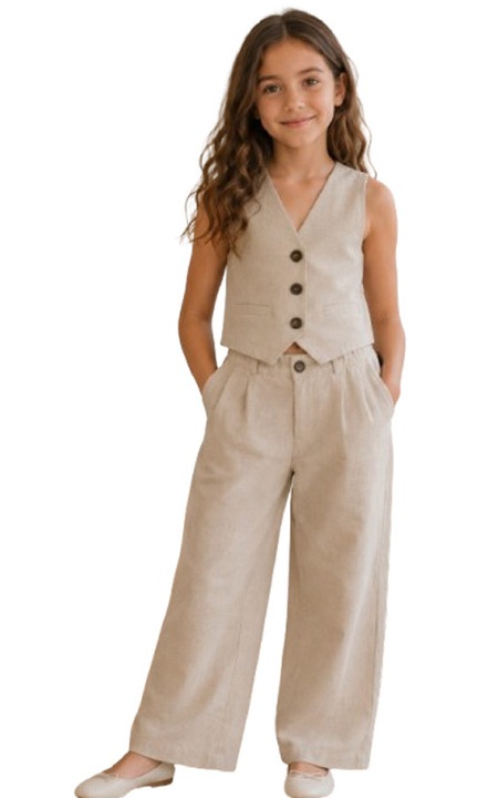 Compleu elegant din 2 piese, vesta si pantaloni, pentru fete, Mini Junior CP2107, Crem 130198