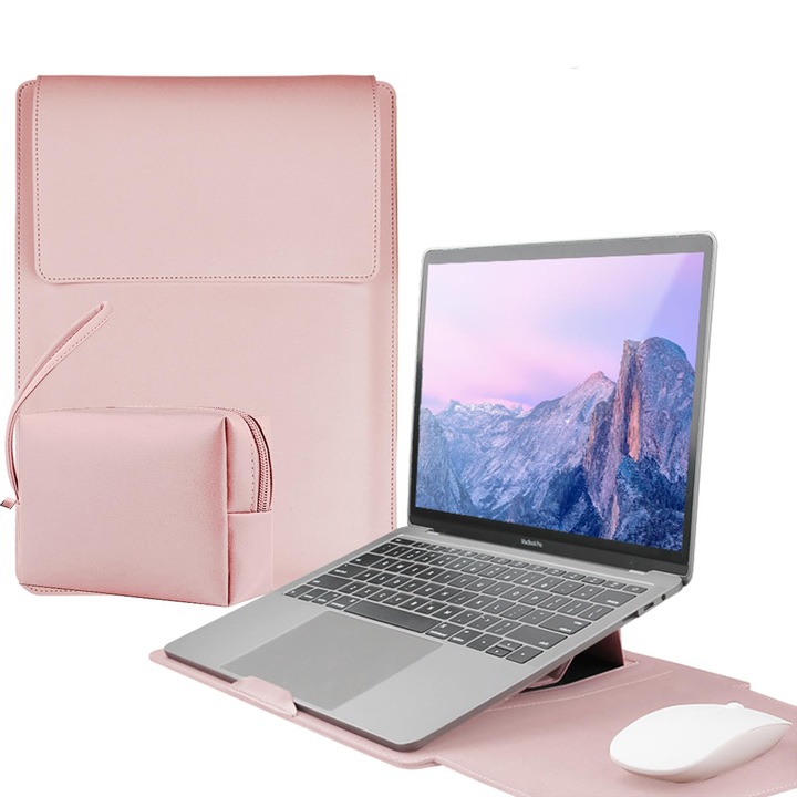 Husa laptop tip sleeve AMRTI® 4 in 1, suport integrat, mouse pad, geanta accesorii si carcasa protectoare din piele ecologica, compatibila 13.3-14 inch, roz