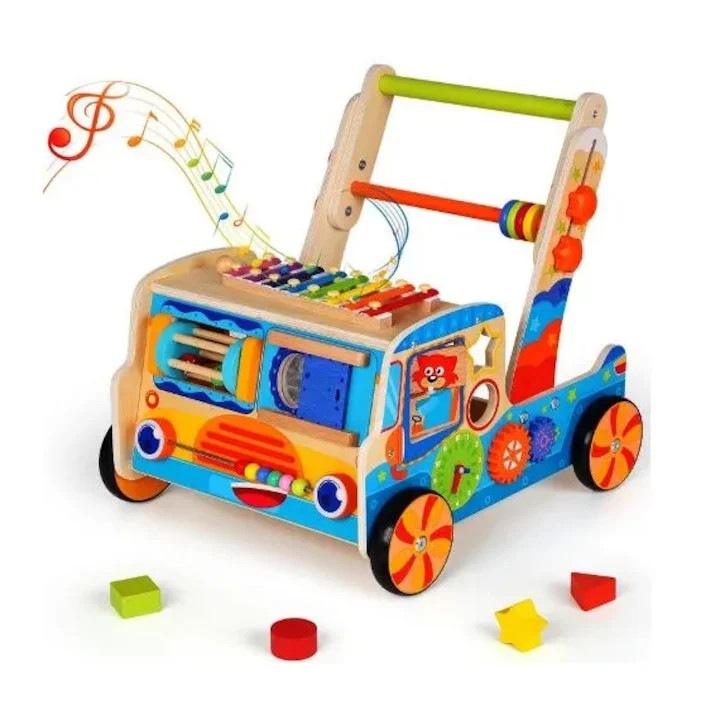 Antepremergator Multifunctional Montessori din Lemn 9 in 1 Stuniko® Centru de Activitati Educative cu Xilofon, Sortator Forme, Labirint, Roti Dintate si Jocuri Motorii, Reglabil pe Inaltime, 36+ Luni