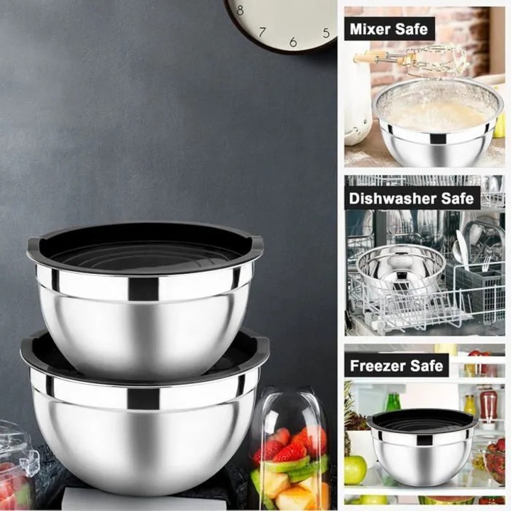 Set 5 boluri inox cu capac etans pentru depozitare bucatarie