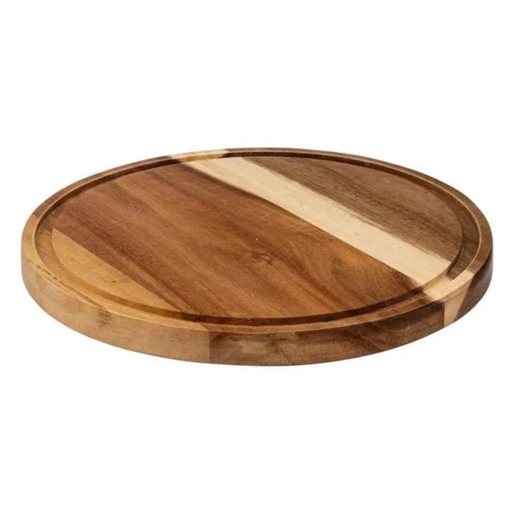 Platou bucatarie cu clopot sticla securizata si tava acacia rotund 28cm