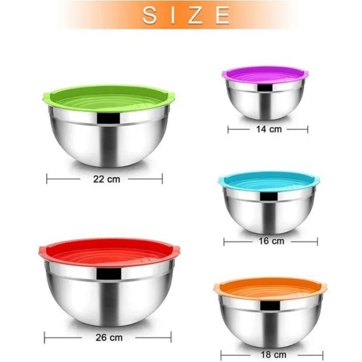 Set boluri inox 5 piese cu capac etans, stivuibile, diverse dimensiuni