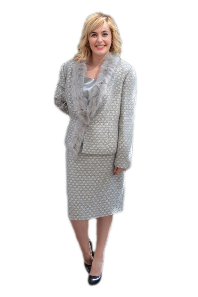 Costum de ocazie, material lucios cu design de blanita, D&J Exclusive, Gri