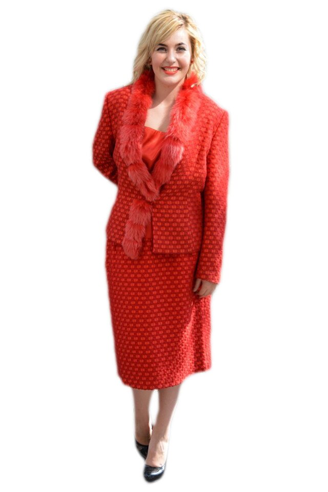 Costum de ocazie, material lucios cu design de blanita, D&J Exclusive, Rosu