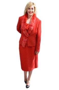 Costum de ocazie, material lucios cu design de blanita, D&J Exclusive, Rosu Costum de ocazie, material lucios cu design de blanita, D&J Exclusive, Rosu