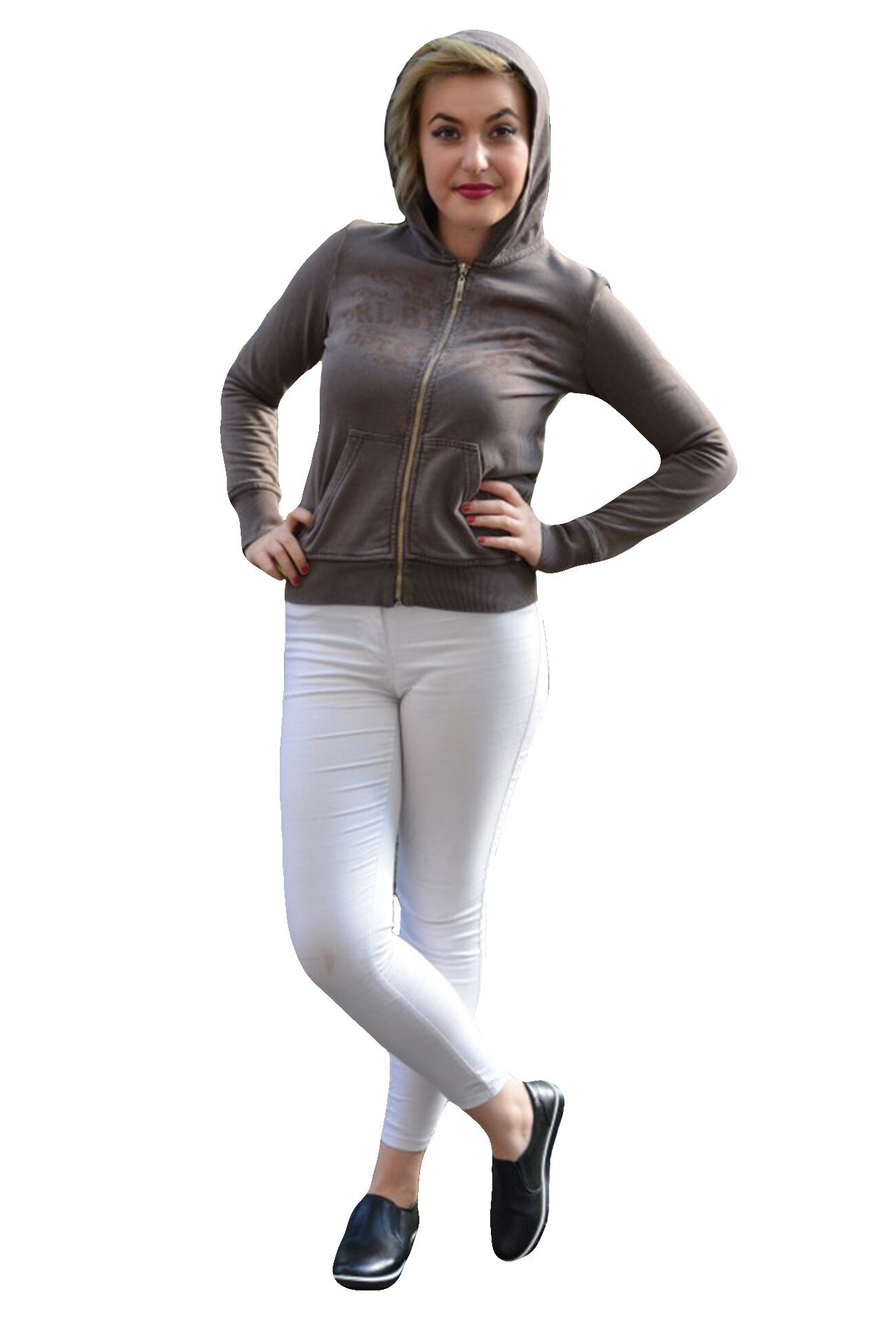 Bluza tinereasca din bumbac, model sport cu gluga si fermoar , D&J Exclusive, Maro