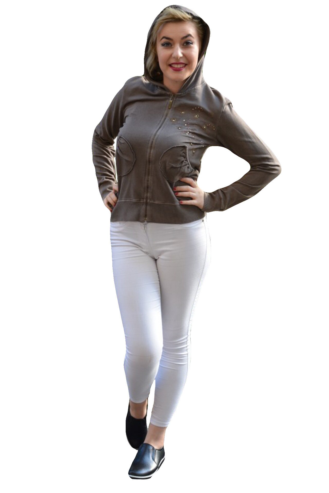 Bluza tinereasca din bumbac, model sport cu gluga si fermoar , D&J Exclusive , Maro , 40 EU