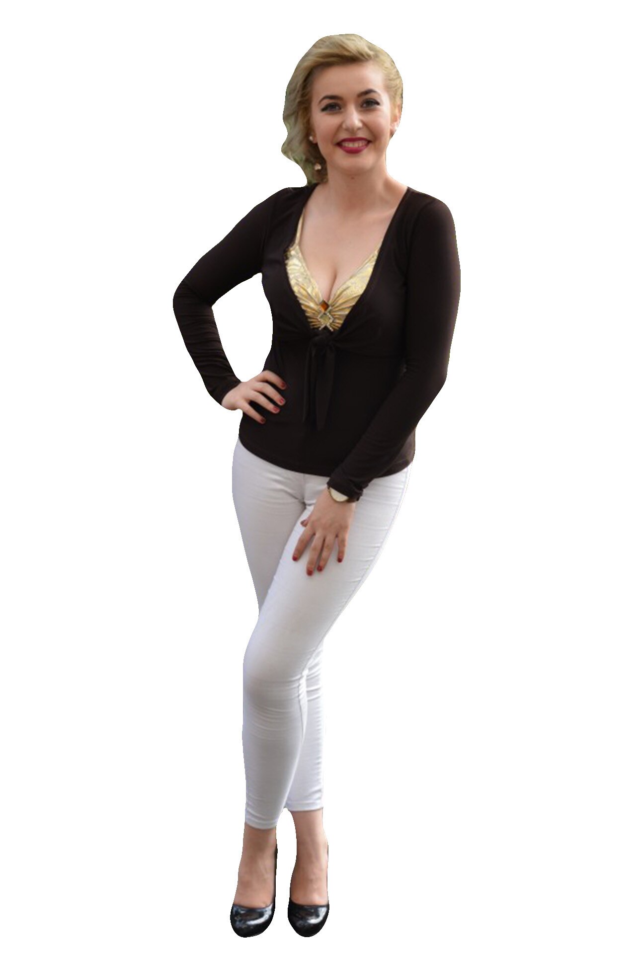 Bluza rafinata cu imprimeu auriu si cristale mari , D&J Exclusive, Maro