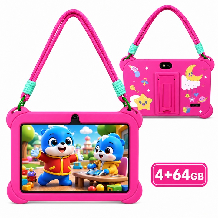 Tableta pentru copii de 7 inci, sistem Android 13, 4GB RAM, 64GB stocare, mod control parental, Wi-Fi si Bluetooth, cadoul ideal pentru sarbatori (model cu snur – roz)
