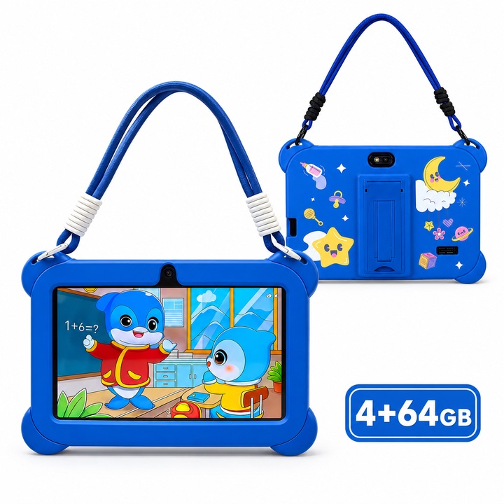 Tableta pentru copii de 7 inci, sistem Android 13, procesor octa-core, 4GB RAM, 64GB stocare, Wi-Fi si Bluetooth, cadoul ideal pentru sarbatori (model cu snur – albastru)