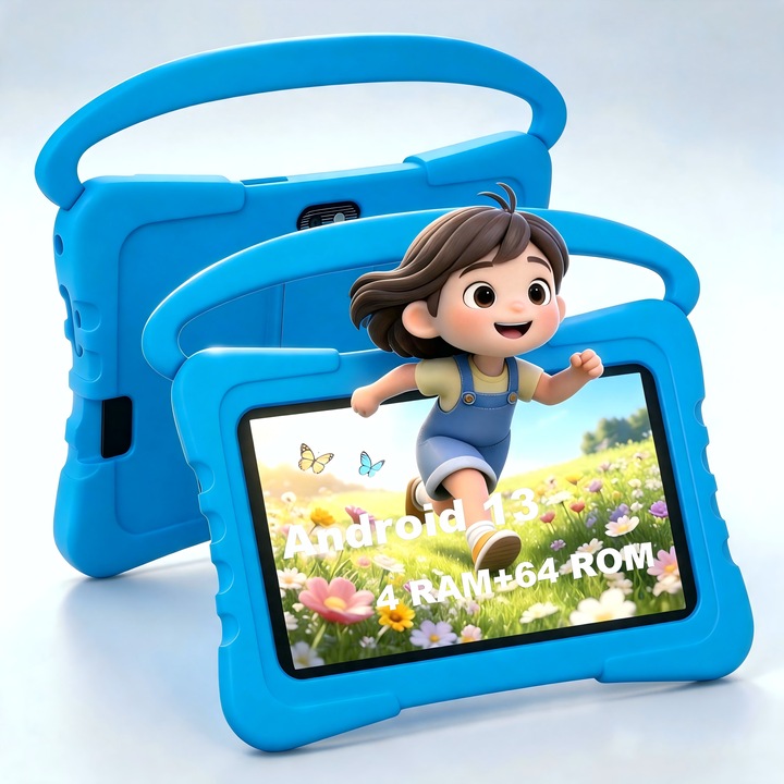 Tableta pentru copii de 7 inci, sistem Android 13, 4GB RAM si 64GB stocare, mod control parental, compatibil Wi-Fi si Bluetooth, cadoul ideal pentru sarbatori – albastru