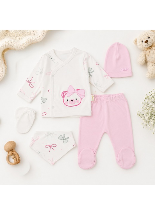 Set 5 piese pentru Nou Nascuti fetite, Model Ursulet Roz 62 CM