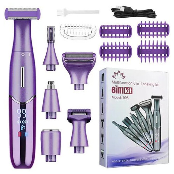 Aparat de tuns si epilat multifunctional 6in1, capete interschimbabile pentru tuns/ras/epilat/contur sprancene/nas, reincarcabil USB, violet