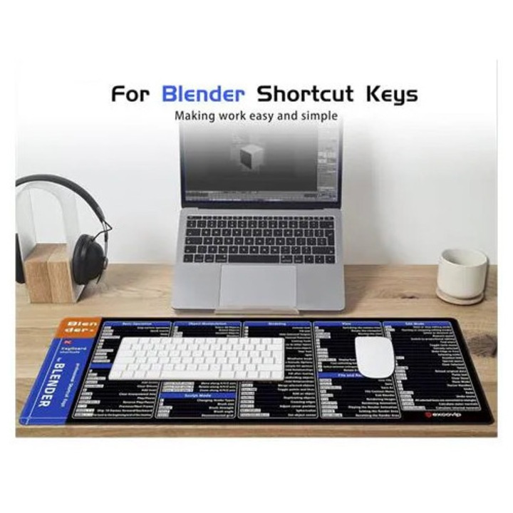 Mouse pad Blender Shortcuts, baza din cauciuc natural anti-alunecare, suprafata textila, 400 x 900 mm, grosime 4 mm, negru/albastru
