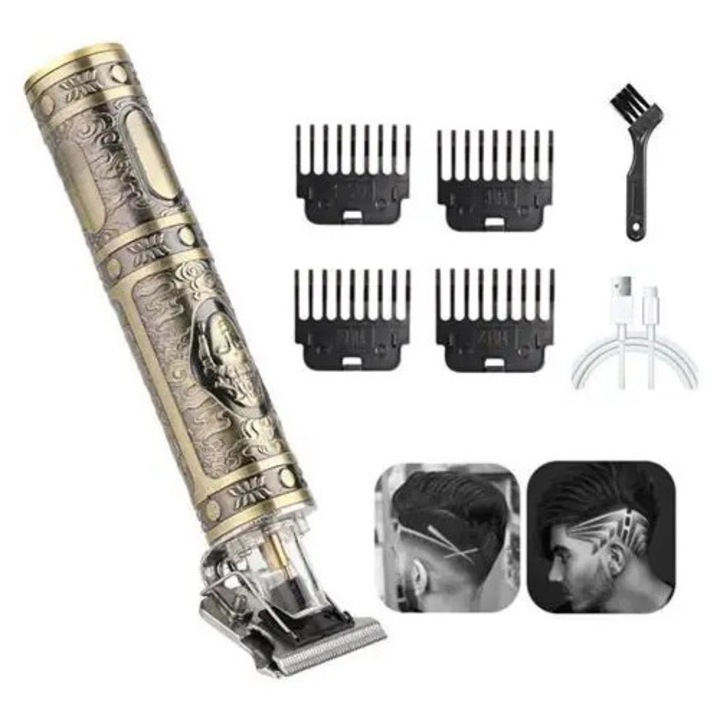 Tunsor electric reincarcabil K0285-EP0818-HJ41019, fara fir, corp metalic aurit, lama din otel, 4 piepteni ghid, cablu USB inclus