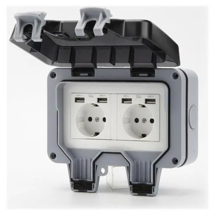 Priza de exterior rezistenta la apa K0285-EP0818-HJ40887, cu 2 prize Schuko si 4 porturi USB, capac rabatabil si intrerupator, gri