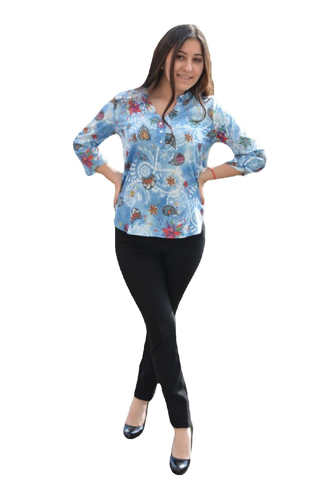 Bluza asimetrica, cu guler mic, rotunjit si nasturi,D&j Exclusive, Albastru