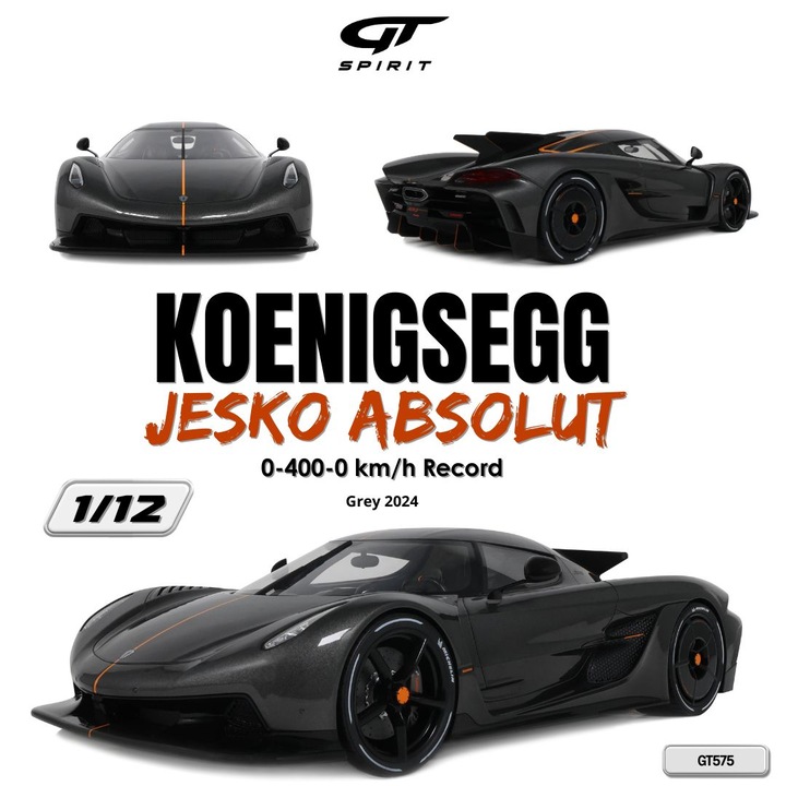 Koenigsegg Jesko Absolut 0-400 km/h Rekord autómodell, Szürke, 2024, GT575, 1:12, GT Spirit
