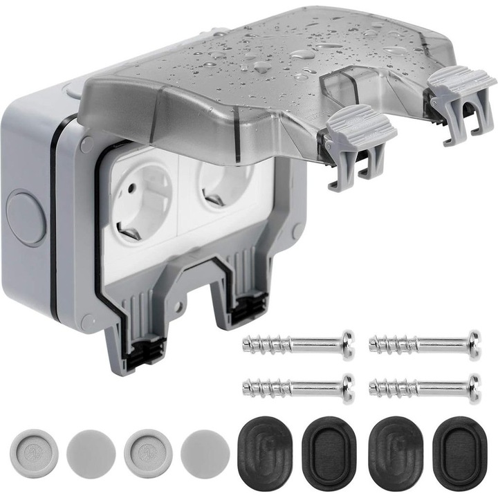 Priza exterioara dubla, IP66, cu intrerupator si capac de protectie, negru, 18.1x16.7x9.9cm