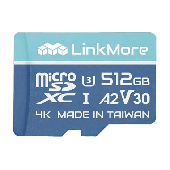LinkMore Card Micro SDXC 512GB, A2, UHS-I, U3, V30, compatibil Class 10, viteza de citire de pana la 160 MB/s, viteza de scriere de pana la 120 MB/s, adaptor SD inclus