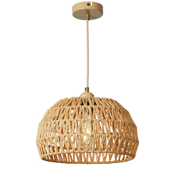 Lustra suspendata FORCOSO, stil boho, abajur impletit, soclu E27, putere maxima 60W, diametru 30 cm, ratan si metal, culoare Maro