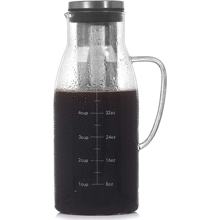 Cafetiera Cold Brew, 1500ml, sticla borosilicata, filtru inox, capac siliconic, transparent