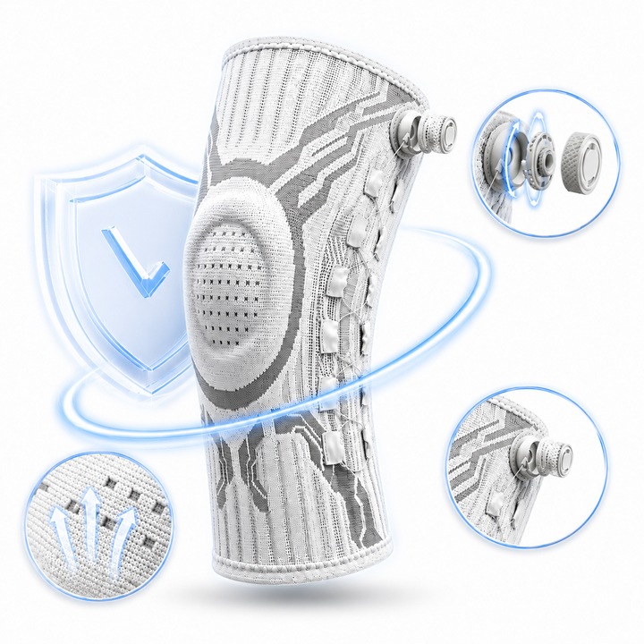 Genunchiera Ortopedica M-L cu Mecanism Reglabil, Orteza Ajustabila, Arcuri Laterale de Stabilizare, Perna din Silicon pentru Rotula, Material Respirabil, pentru Menisc, Ligamente, Artrita, Gonartroza, Fitness, Alergare si Recuperare, Genunchi Stang