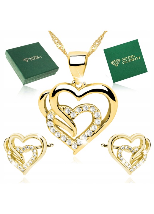 Set Bijuterii Aurit Argint 925, Lantisor, Pandantiv Inima, Cercei - 42cm