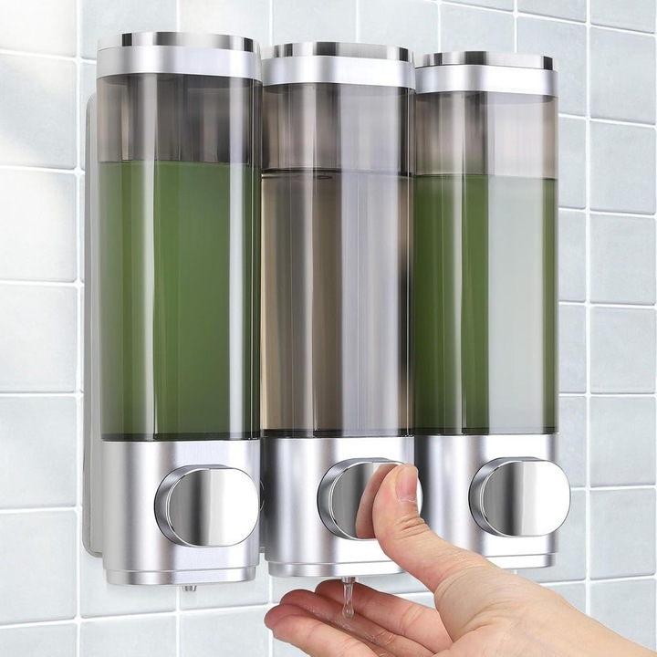 Dispenser sapun 3 camere, 300ml, argintiu, montaj perete fara gaurire
