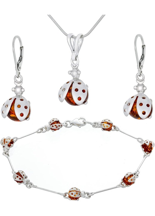 Set Argint "Buburuza" Dama, Chihlimbar Baltic Cognac, Pandantiv, Cercei