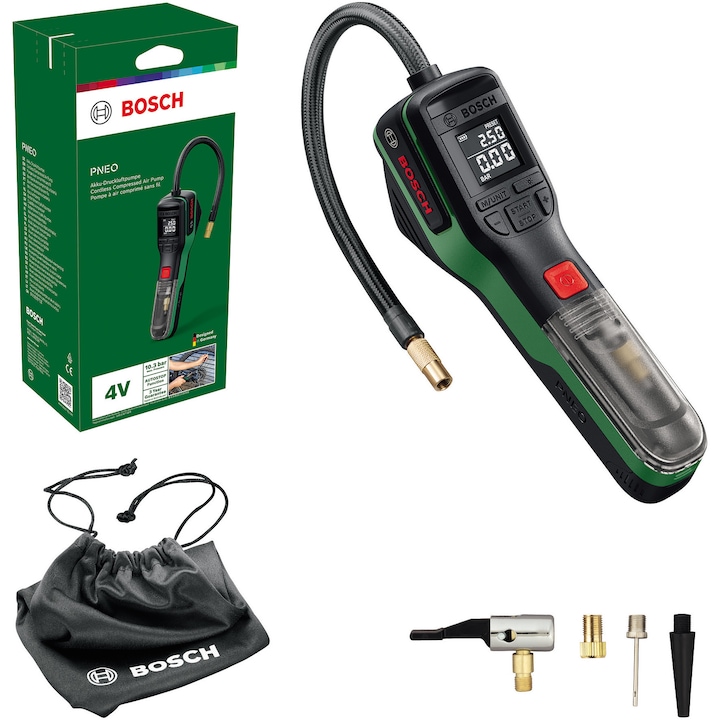 Pompa pneumatica cu acumulator Bosch PNEO 0603947500, 4 V, 3 Ah, 10 bar/150 psi presiune maximă, 1030 kPa putere maximă, 10 l/min volum, supapă, ac pentru minge, adaptor volum, cabluUSB, geantă