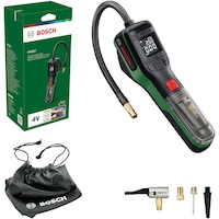 Pompa pneumatica cu acumulator Bosch PNEO 0603947500, 4 V, 3 Ah, 10 bar/150 psi presiune maxima, 1030 kPa putere maxima, 10 l/min volum, supapa, ac pentru minge, adaptor volum, cabluUSB, geanta