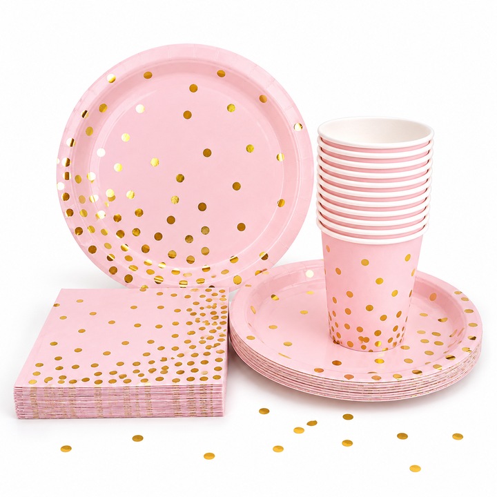 Set articole petrecere Roz cu Buline Aurii, 72 piese, 16 Farfurii Mari, 16 Farfurii Mici, 16 Pahare, 24 Servetele, Vesela de Unica Folosinta pentru Aniversari, Botez, Baby Shower