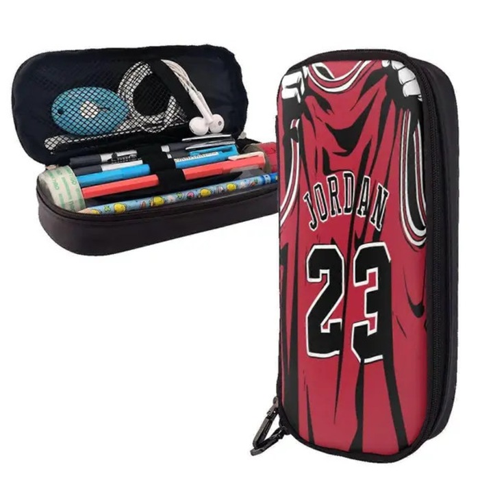 Penar din piele sintetica PU, design Michael Jordan 23, rosu/negru, cu fermoar si benzi elastice (compartiment interior)