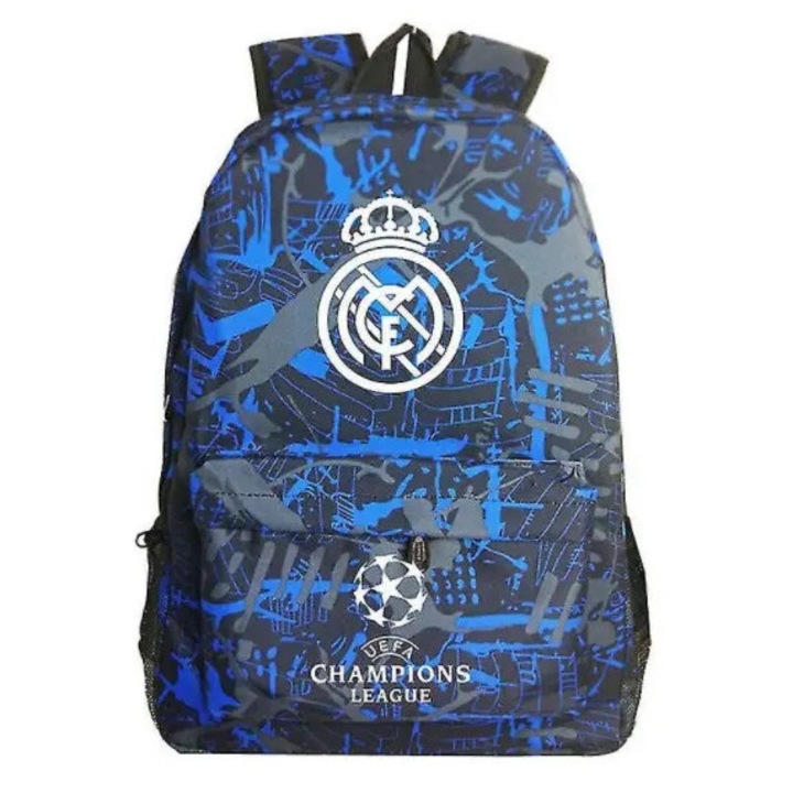 Rucsac din poliester pentru copii si elevi cu imprimeu Real Madrid si UEFA Champions League, albastru-negru, 44 x 30 x 13 cm