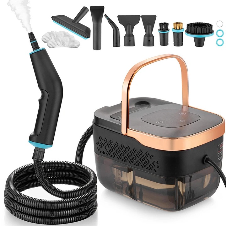 Aparat de curatat cu abur portabil, curatator cu abur cu presiune inalta, 1600–1800 W, 220 V, incalzire rapida 15 s, pentru casa, bucatarie, baie, negru