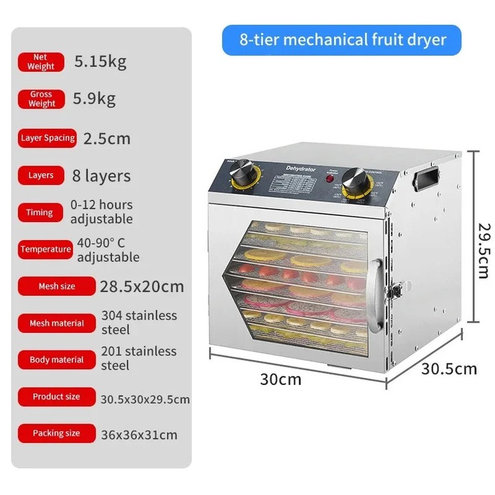 Uscator de alimente pentru casa, deshidrator electric, 8 tavi, interior din otel inoxidabil, priza EU 220 V, pentru fructe, legume si gustari