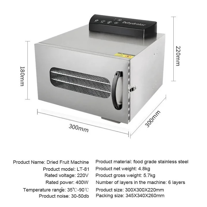 Deshidrator alimente, Uscator fructe, 6 tavi, Interior inox