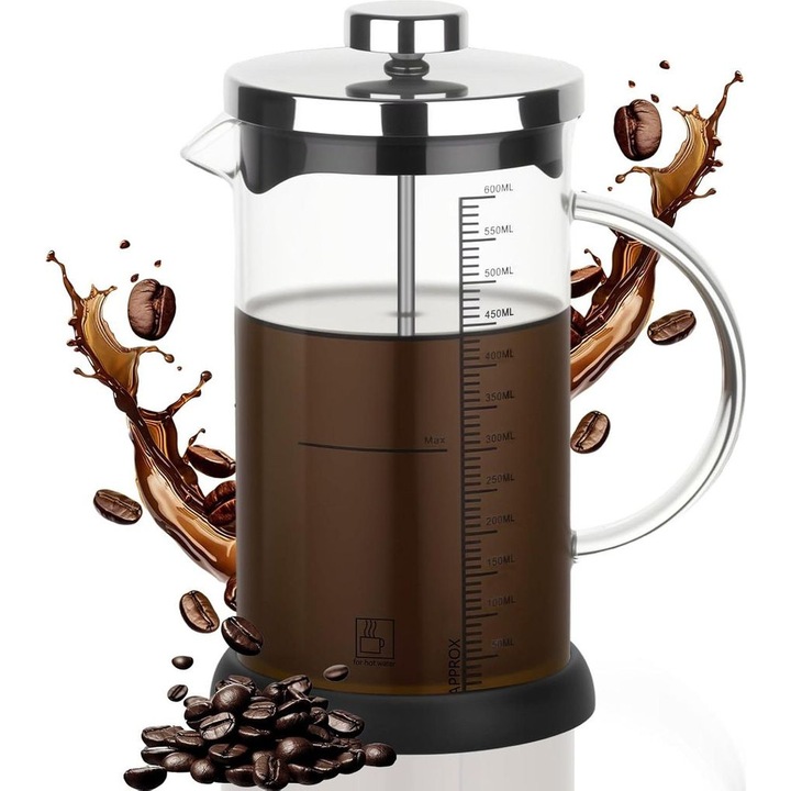 Cafetiera French Press 600ml sticla termorezistenta filtru inox