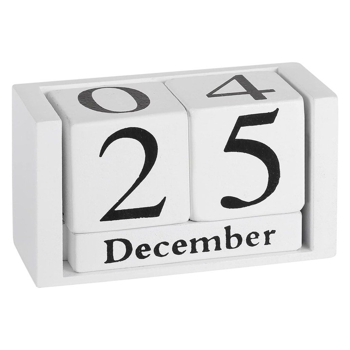 Calendar de birou k0367-0618-HS7208, perpetual din MDF cu blocuri rotative manual, alb, 9.5 x 4.3 x 5 cm